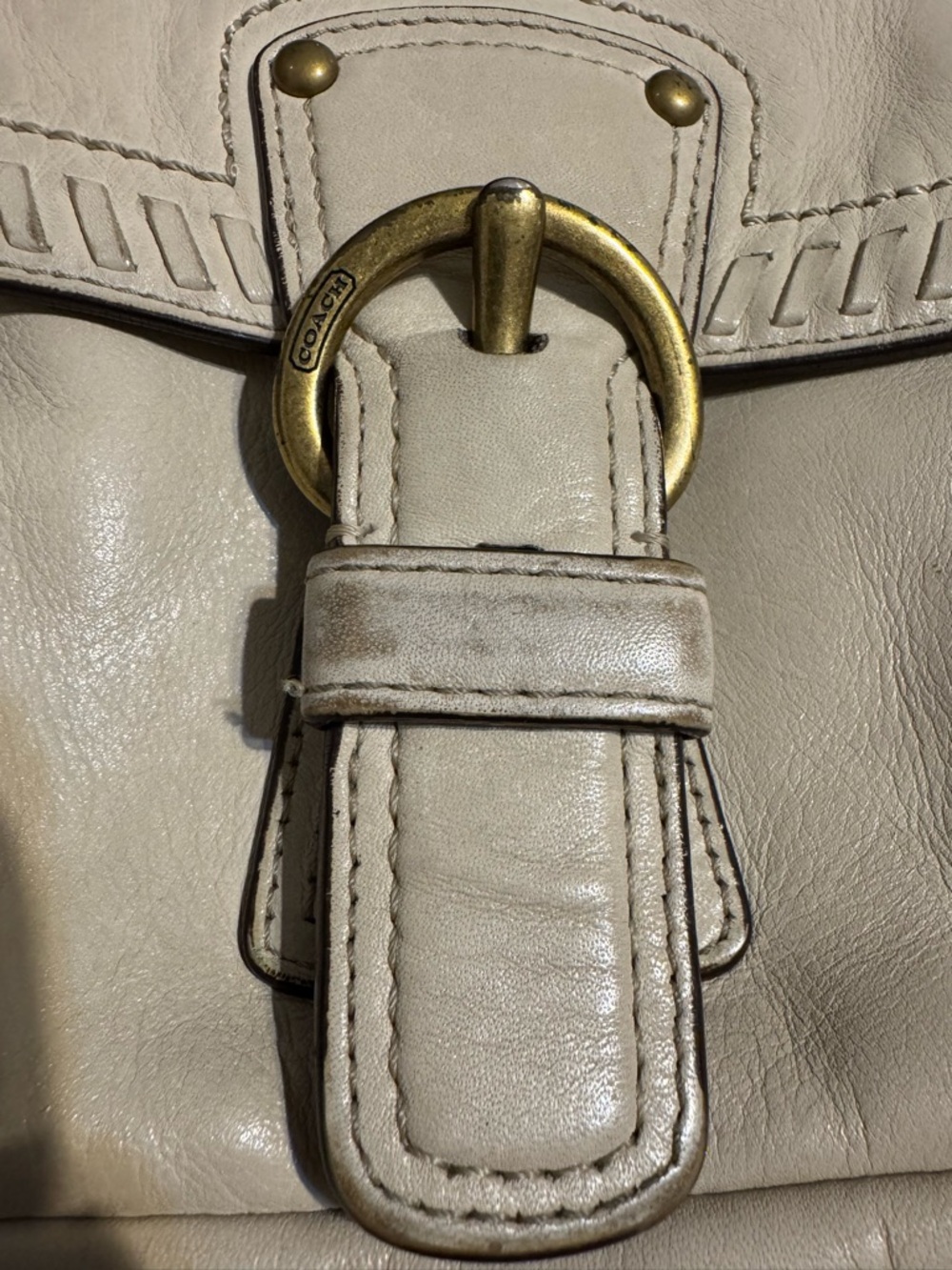 Coach Poppy Cream Leather Whipstitch Braided-Handle Flap Hobo Shoulder Bag - Picture 9 of 10